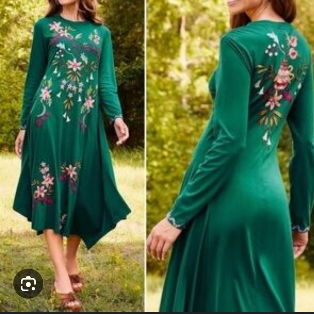 Johnny Was Green Floral Embroidered handkerchief knit Dress